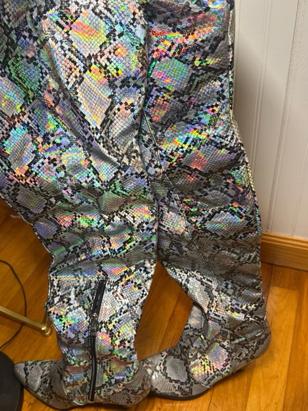AKIRA Holographic Snake-Print Over-the-Knee Boots